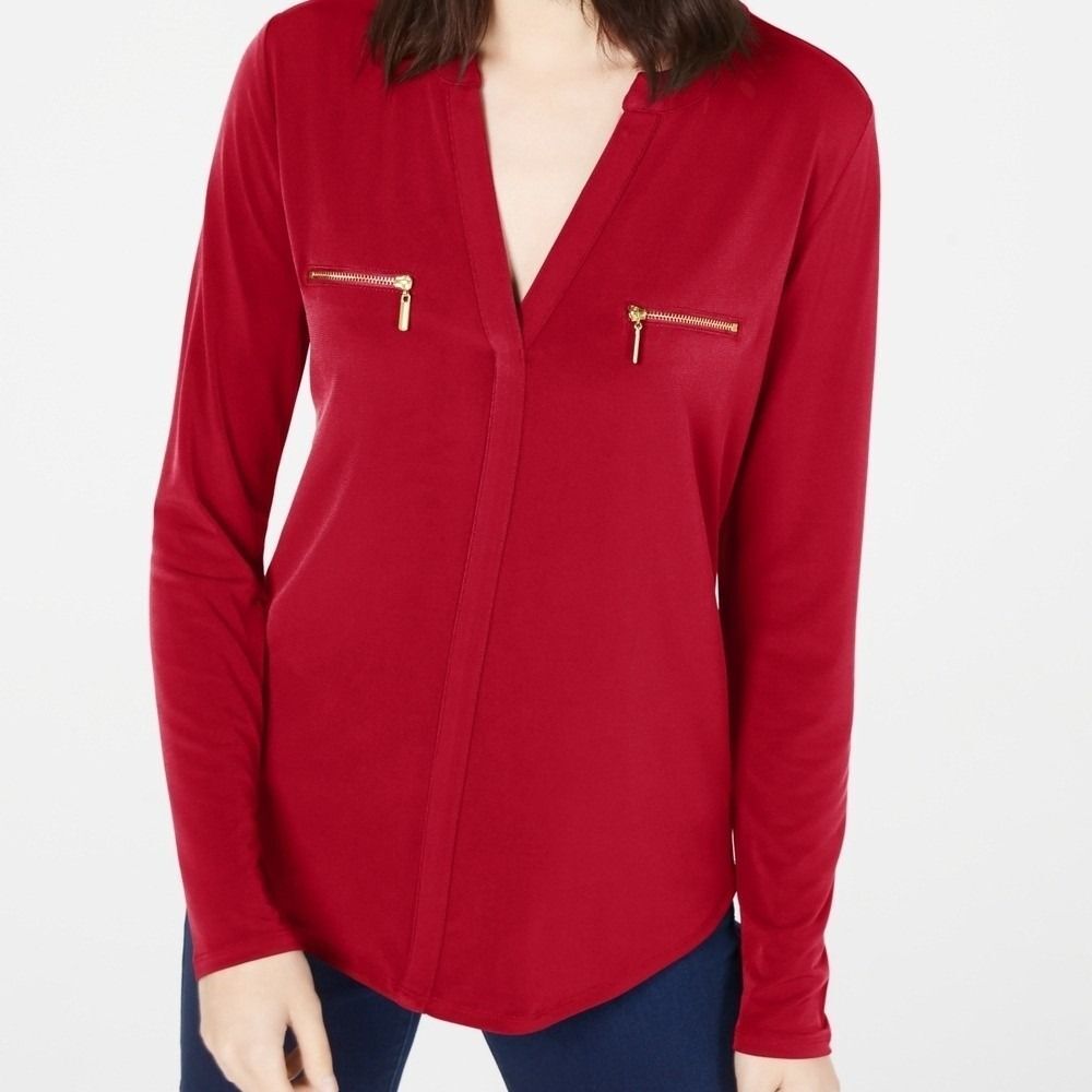 INC International Concepts Red Blouse with Gold Zipper Accents